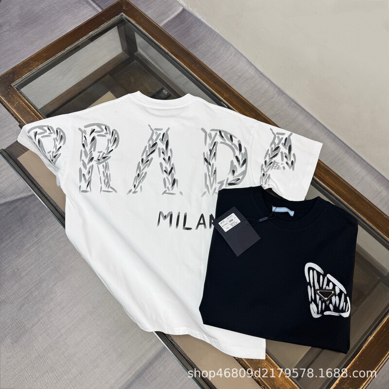 Authentic P Brand Men's Clothing Metal Triangle Logo T-Shirt Unisex Couple Trendy Brand Short-Sleeve Men's T-Shirt Pure Cotton High-End Feel