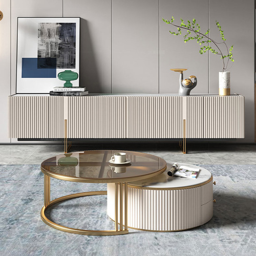 Light Luxury Coffee Table & TV Cabinet Combo: Stainless Steel, Solid Surface, Round Design for Living Room