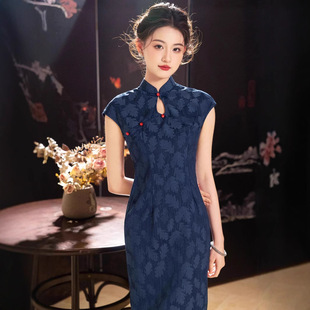 Spring and summer new arrival long denim blue sleeve cheongsam 2025 spring and summer new arrival retro national style young lady daily flag