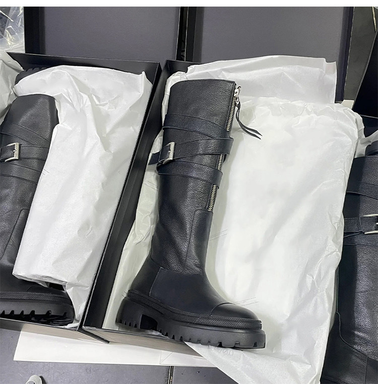 Women's Martin Boots, Made Of Genuine Leather, Knee-high Design, With Belt Buckles, Thick Soles, Suitable For Motorcycle Riding, High-top Style._voghion.com