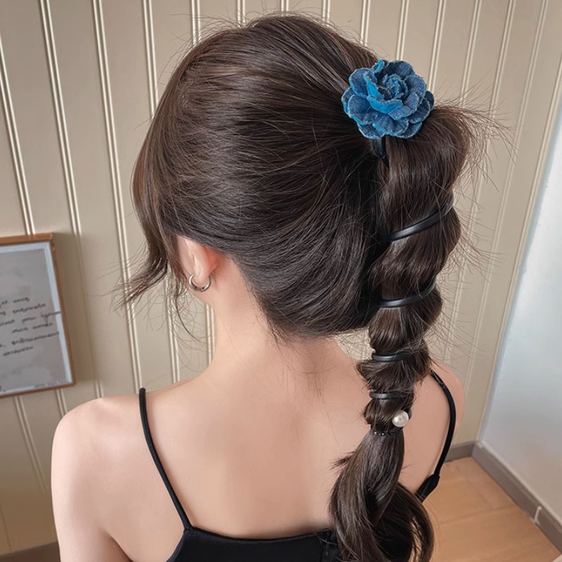 Temperamento de verano vaquero azul flor línea telefónica bucle de cabello de alta calidad 2025 nuevo cabello de burbuja trenza atado artefacto de cabello