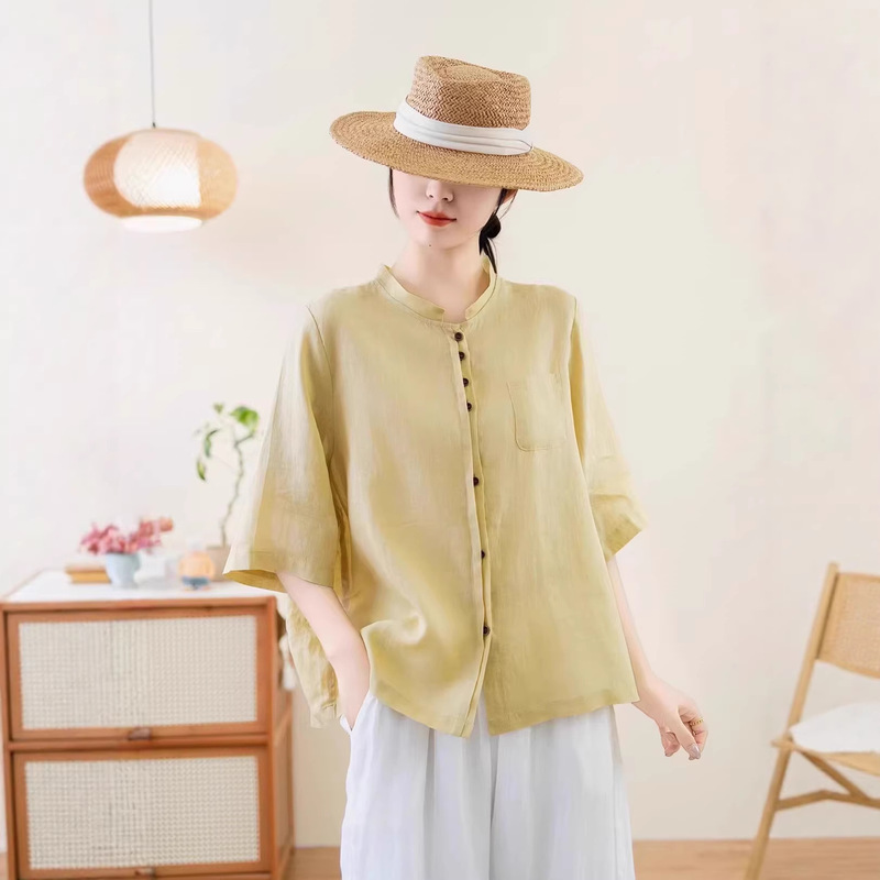 Guka Apparel 2026 Spring/Summer New Ramie Plain Shirt Women's Solid Color Loose Mid-Sleeve Shirt Cardigan Top Guka Apparel 2026 Spring/Summer New Ramie Plain Shirt Women's Solid Color Loose Mid-Sleeve Shirt Cardigan Top