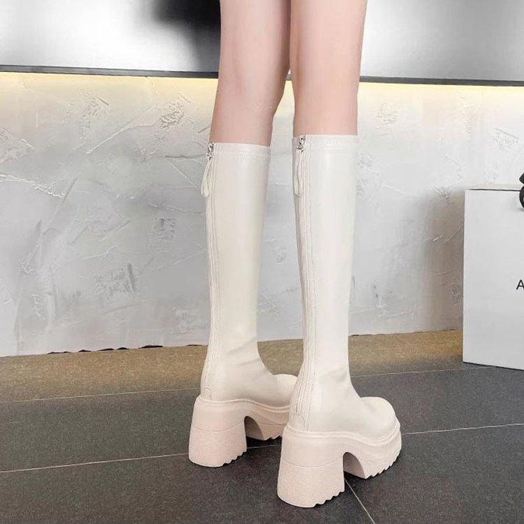 高跟白色长筒靴女2025秋新款不过膝瘦瘦靴小个子厚底靴内增高长靴|undefined