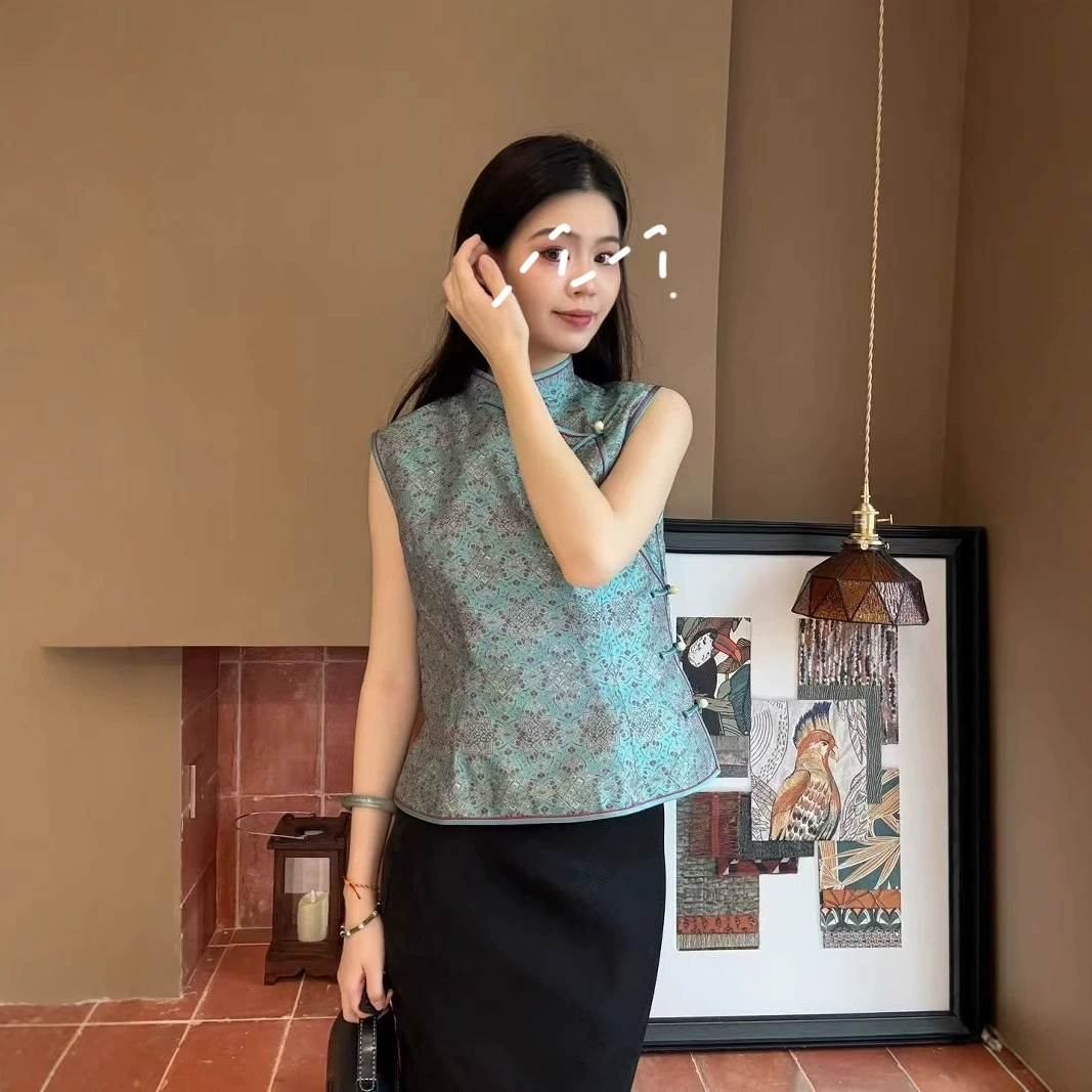 Новый китайский стиль Nanyou оптом высококачественный сичуаньский парчовый светло-голубой жилет с темпераментом, маленький жилет