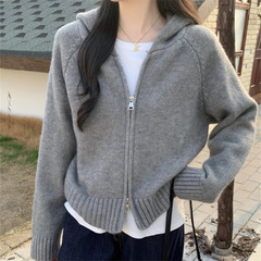 双拉链连帽针织毛衣外套女秋冬2025新款宽松显瘦复古休闲百搭上衣