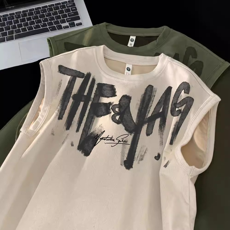 American Style Street Graffiti Suede Vest Men's Summer Fashion Brand Fitness Sports Waistcoat Loose plus size Sleeveless T-Shirt