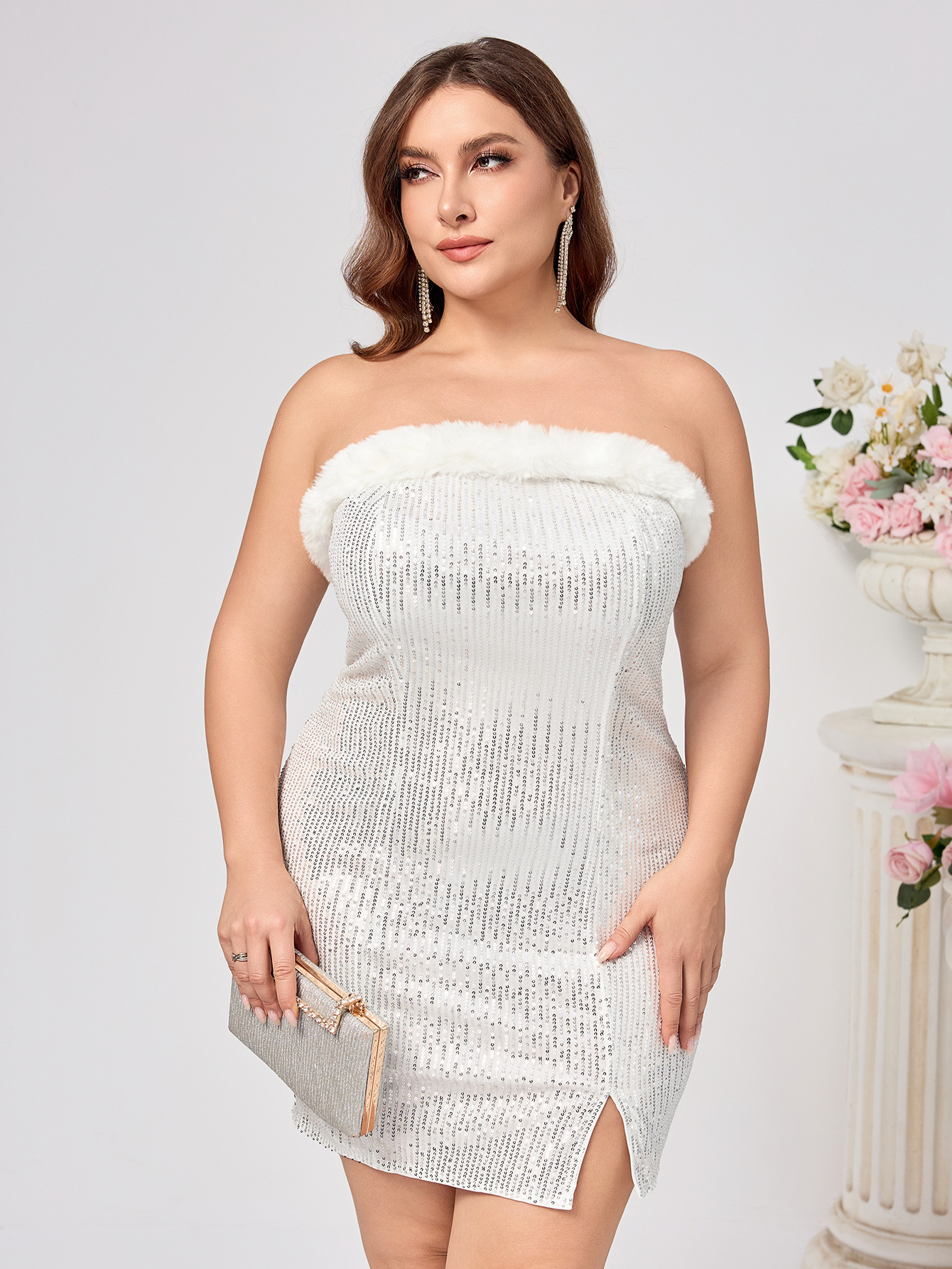 Vestido de mujer de tamaño grande comercio exterior europeo y americano Amazon nuevos productos para limpiar el pecho de color sólido sexy con cuentas bifurcadas vestido de cadera