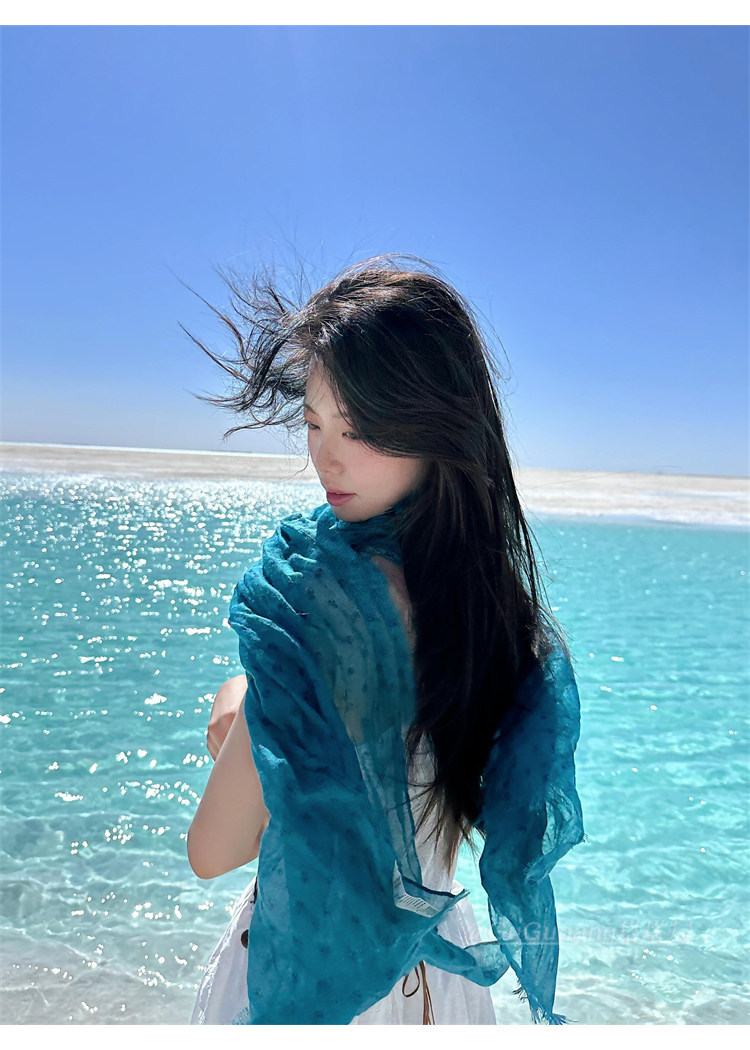 Hijab de seda y chal de algodón y lino para mujer azul lago_voghion.com