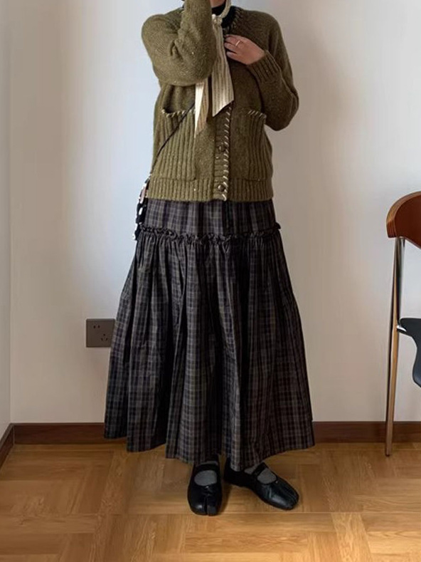 复古格纹拼接分割中长款半身裙女春秋通勤百搭松紧腰a字大摆伞裙|undefined