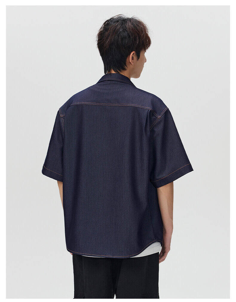 Japans retro denim overhemd voor heren met cubaanse kraag_voghion.com