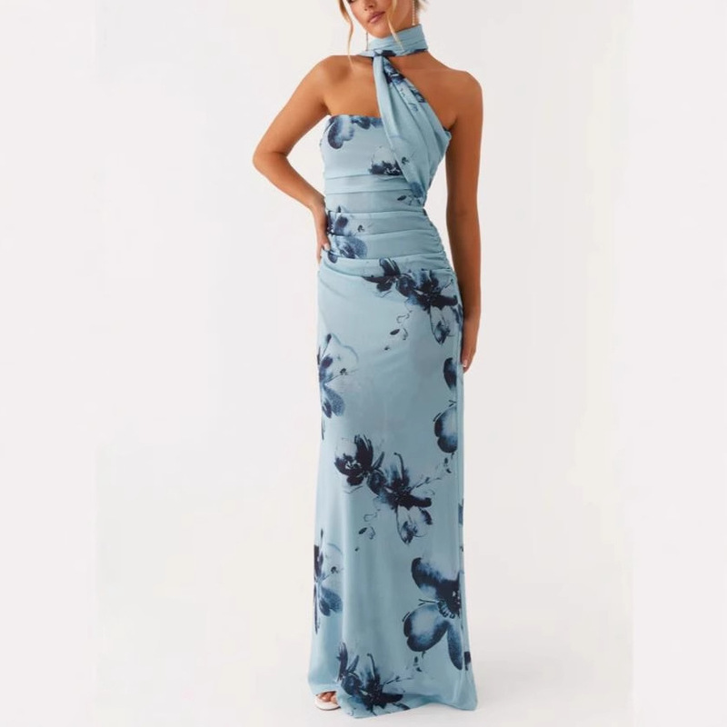 Cross-Border 2025 New Mesh Tie-Dye Suspender Dress Women's Summer Pleated Slim Long Skirt Slit Hip Skirt