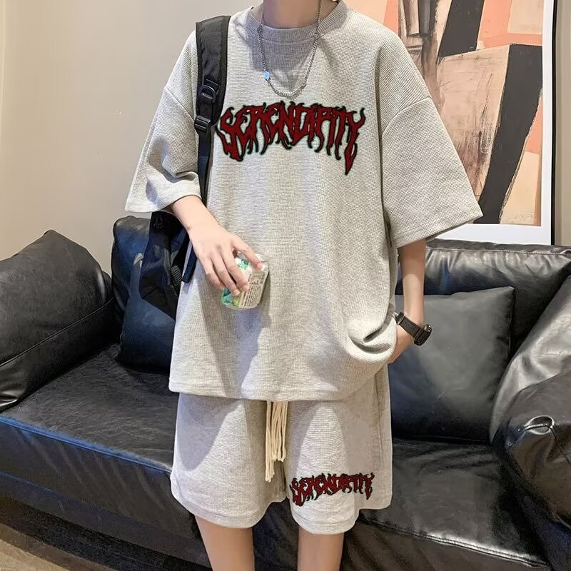 2025 New Summer Casual Sports Suit Men's Short-Sleeved T-Shirt Trendy Brand Five-Point Shorts Loose Hong Kong Style Two-Piece Set