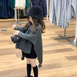 韩版童装2023新款秋冬女童针织中长款毛衣斗篷长袖打底衫短裤套装