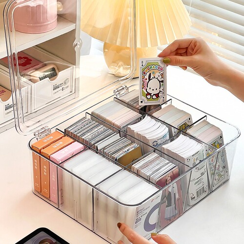 A compact card organizer box with divided compartments and a flip lid—perfect for Ultraman cards, customizable 3-inch game card sleeves, and more.