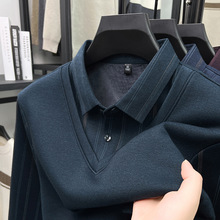 品牌主推款条纹羊毛衫男士衬衫领中老年高档宽松假两件打底衫上衣