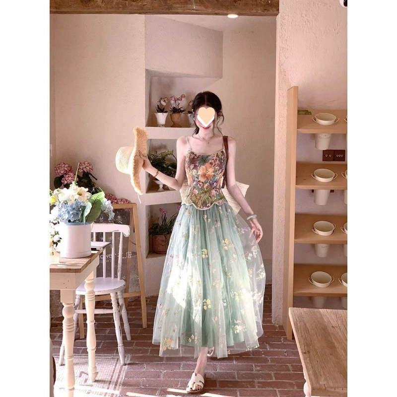 Новая китайская романтическая юбка-сетка без рукавов с жаккардовым плетением, лето 2025, стиль для путешествий и отдыха