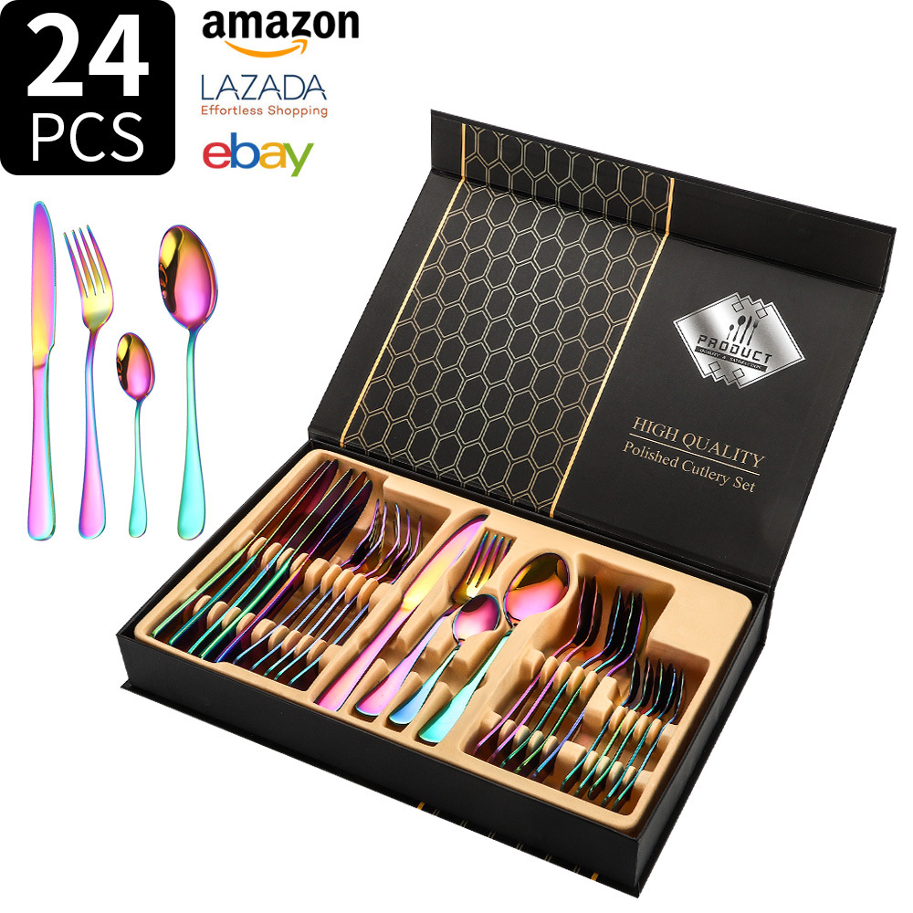 Juego de vajilla de acero inoxidable Transfronterizo Amazon 1010 juego de 24 piezas de vajilla occidental bistec cuchillo tenedor cuchara juego de caja de regalo