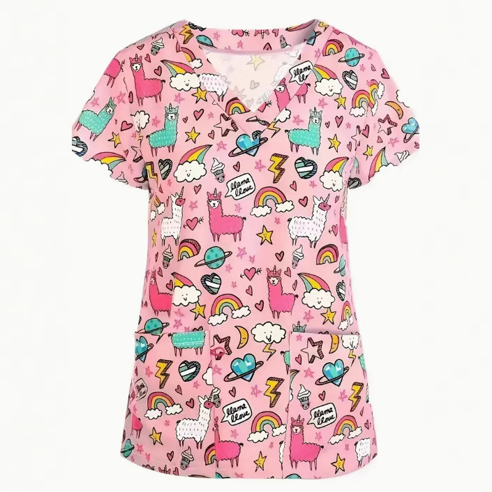 2025 New Slim Fit Fun Pattern Full Print Women's T-Shirt Nurse Workwear Short-Sleeved T-Shirt