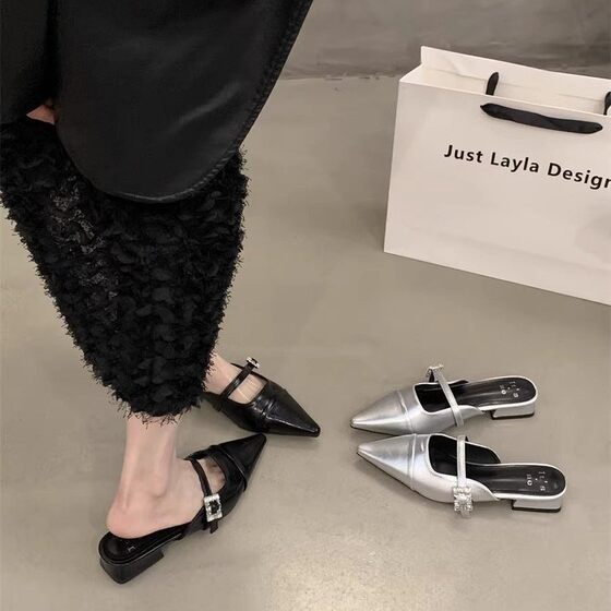 Thick Heel Baotou Half Slippers New Women's Shoes Slip-on Mary Jane Shoes silver 2025 Pointed Spring Outer Wear