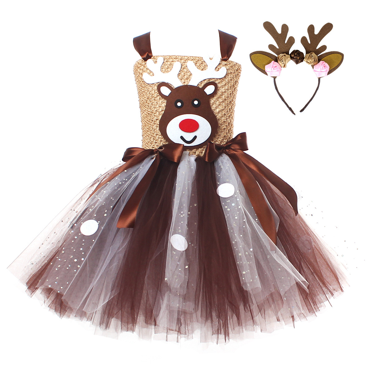 thumbnail image 1 of Disfraces de Navidad para niños europeos y americanos, disfraces de vacaciones de alce y reno, falda tutú, vestido de malla con lentejuelas, 1 of 5