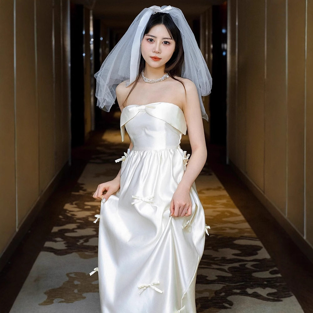 New Chinese Morning Gown One-Shoulder License Registration Dress Women's Light Wedding Dress Engagement dress Niche Banquet Dress