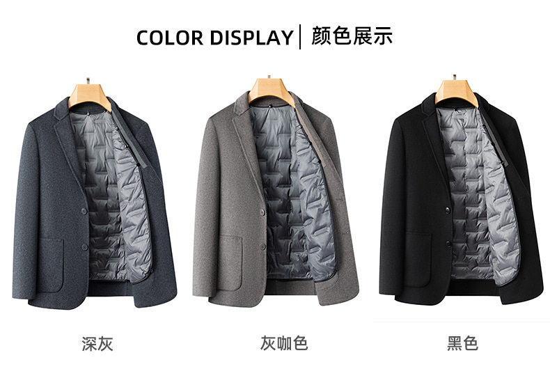 Áo vest nam dạ len hai mặt có lớp lót lông vũ tháo rời, tay dài, cổ vest — Cà phê xám, màu xám đậm, đen chi tiết 9