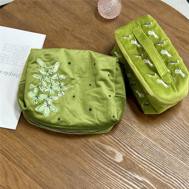 絶妙な刺繍グリーンスエード収納袋刺繍パターンジュエリー口紅香水ポータブル収納整理袋ボックス|undefined