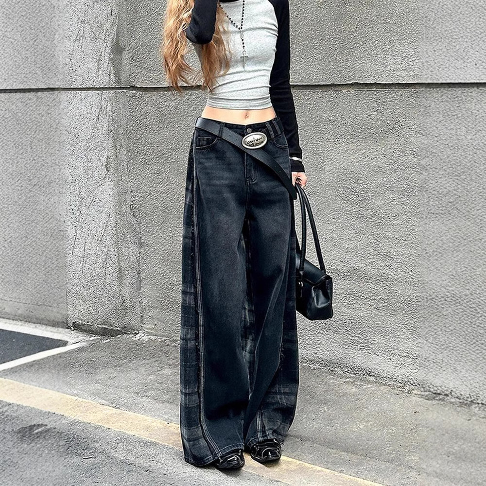 American retro plaid spliced jeans for women's new hot girls contrasting color draped wide-leg floor trousers