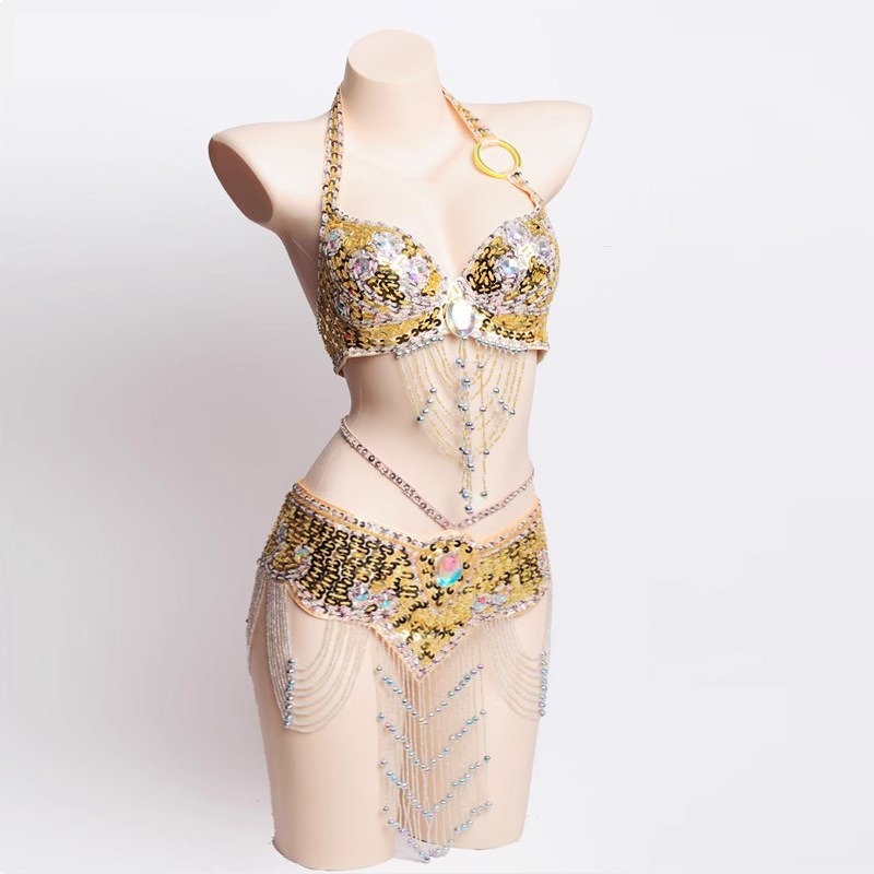 Danza del vientre ropa de espectáculo de mano perla bordada bra cintura paquete de baile indio vestido de escenario sexy discoteca BRA