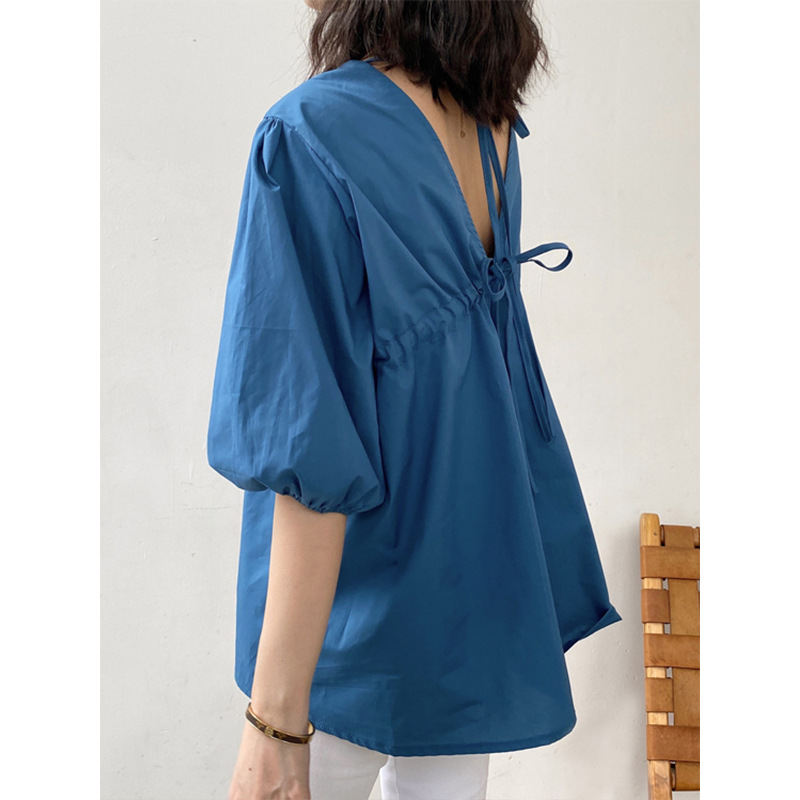 橘芝2021夏季露背綁帶泡泡袖上衣女襯衫設計感寬松短袖T恤886