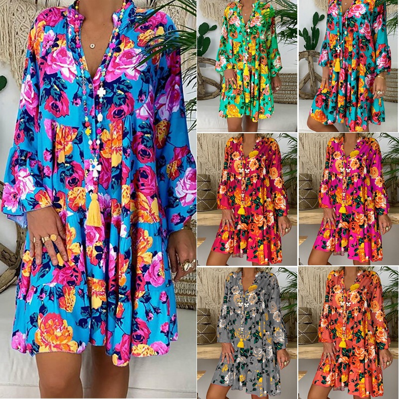 Amazon European and American Cross-Border Foreign Trade Plus-Size Women's Clothing 2026 Spring/Summer New Fashion Printed Long-Sleeve Flared Dress Amazon European and American Cross-Border Foreign Trade Plus-Size Women's Clothing 2026 Spring/Summer New Fashion Printed Long-Sleeve Flared Dress