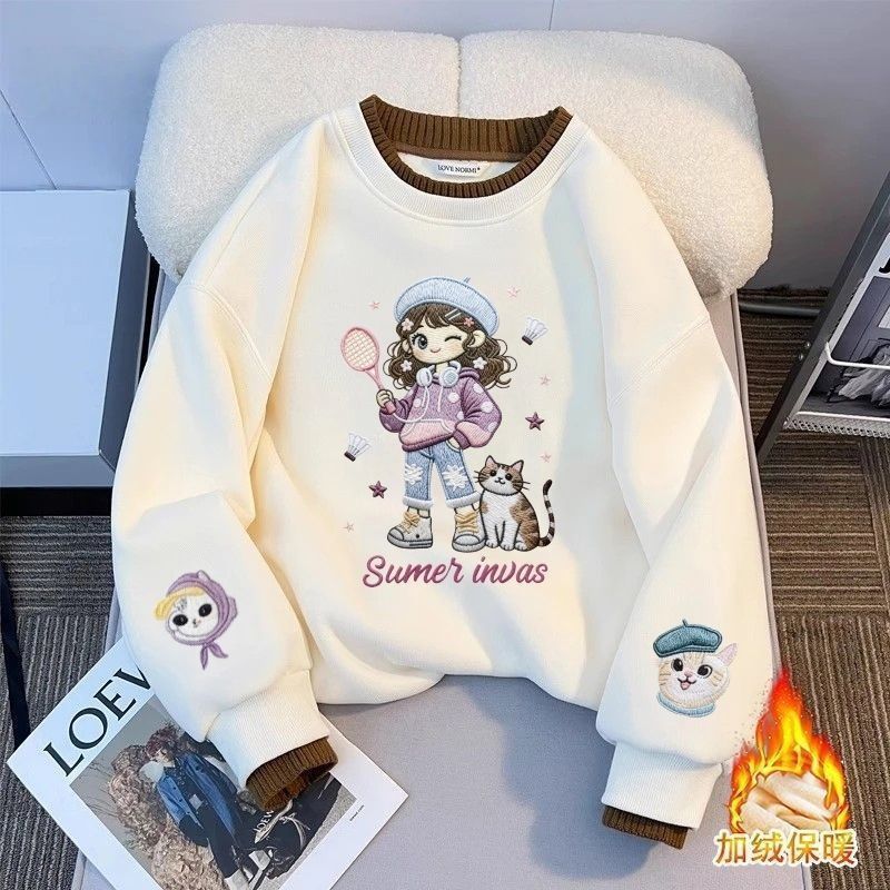 Fleece-lined girls' round neck sweatshirt, 2025 autumn/winter new style, children's printed top, stylish and versatile long-sleeved clothes.