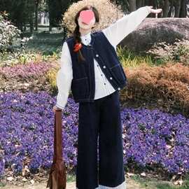 马甲叠减龄大码穿搭一整套衬衫日系文艺穿阔腿裤三件初秋套装胖mm