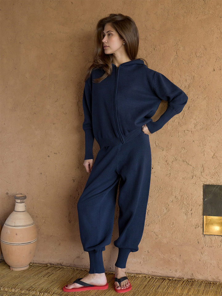 Bộ áo cardigan dệt kim có mũ khóa kéo dáng rộng kèm quần ống ôm cotton — Màu cà phê, Màu trắng, Màu xanh dương, Xanh lá cây chi tiết 22