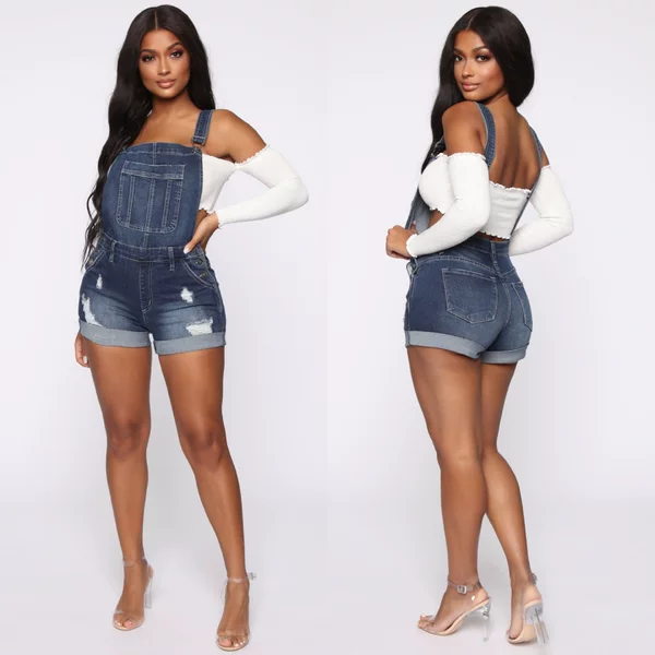 European and American Cross-Border Foreign Trade Amazon Independent Site Summer New Women's Elastic Ripped Denim Overalls Shorts for Women