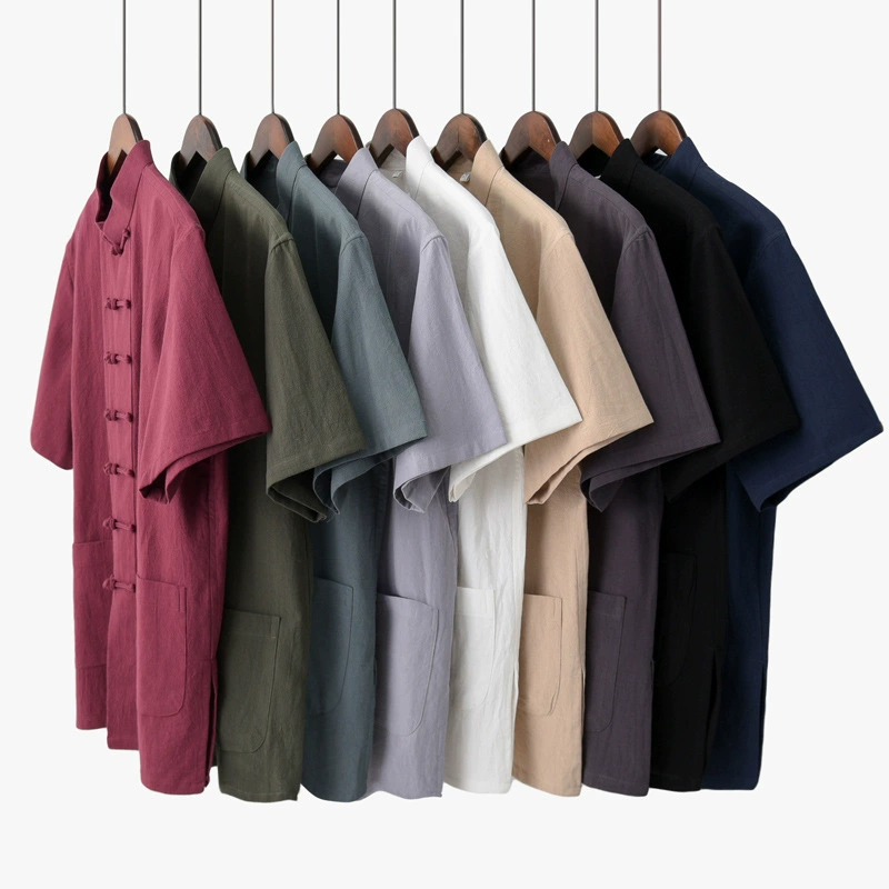 [Оптовая продажа] Летний хлопковый льняной костюм Тан в китайском стиле, мужская рубашка с короткими рукавами, топ, китайская мужская одежда в стиле ретро