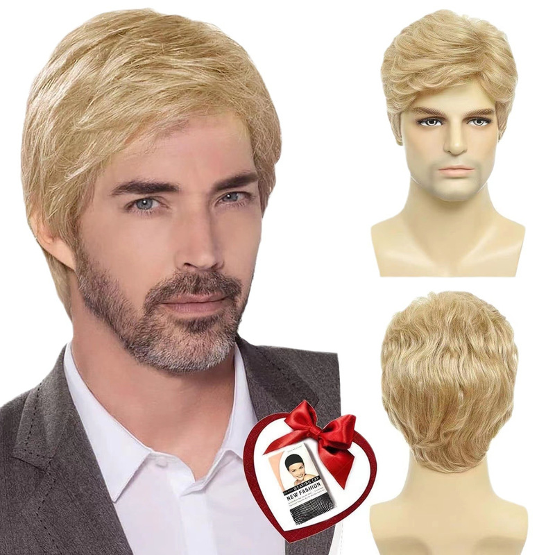 Men's Wig Hair Set Handsome Natural Breathable Short Hair Simulation Human Hair Silk Flat Men's Hair Factory in stock Hair