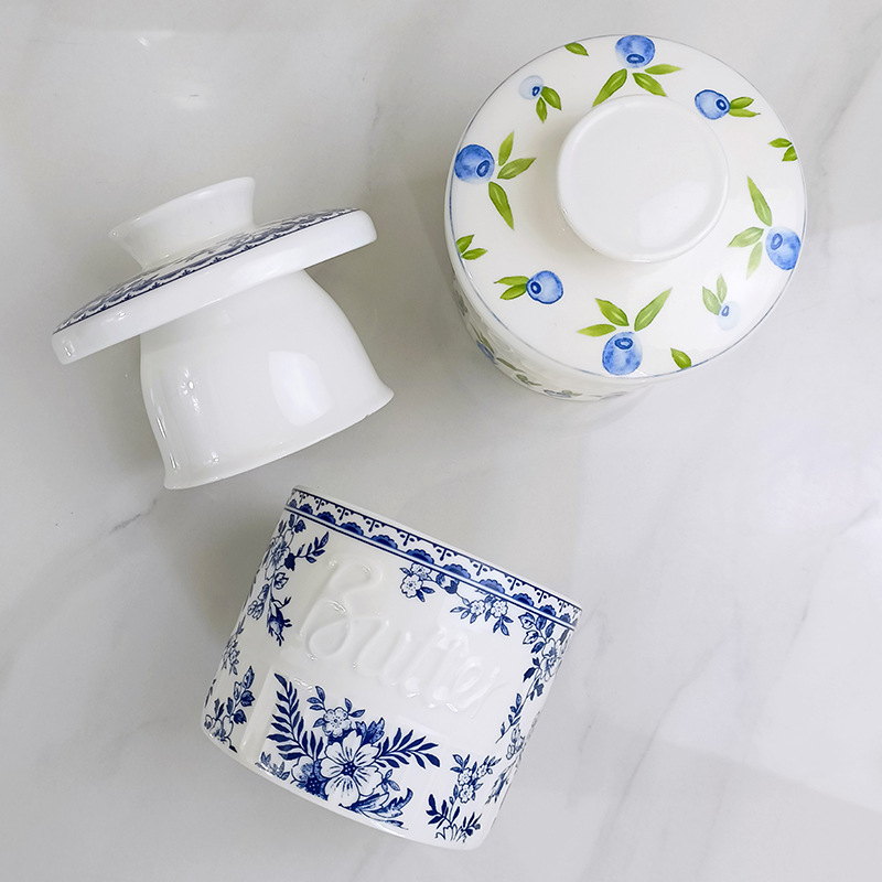 Tarjeta de mantequilla de cerámica azul con tapa, tarjeta de almacenamiento de color bajo esmalte azul retro doméstico, tarjeta de almacenamiento de cocina, tarjeta de crema