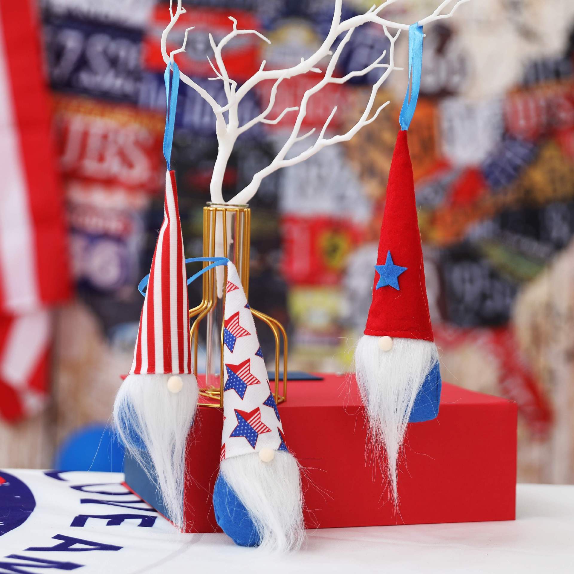 Nuovo prodotto transfrontaliero Giorno dell'Indipendenza Americana, piccolo ciondolo per anziani senza volto, regalo per bambini, bambola in tessuto Rudolph con stella a cinque punte