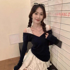 纯欲辣妹一字肩上衣早秋穿搭别致绝美蕾丝拼接不规则v领长袖T恤潮