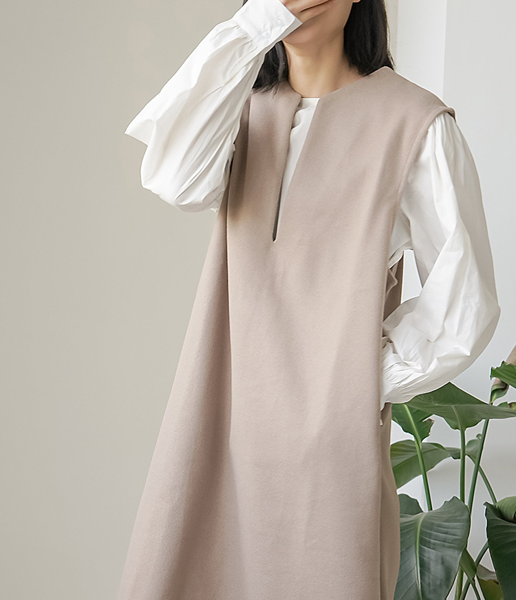Real Shot Letian Autumn Winter 4 Color Woolen Coat Women V neck Solid Color Sleeveless Waistcoat Dress Outer Wear