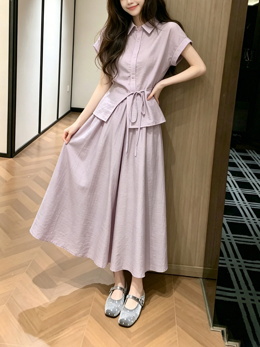 Set áo sơ mi thắt lưng và chân váy nữ mùa hè màu tím — Áo tím+nửa váy chi tiết 4