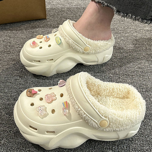 Velvet thick sole cotton slippers for women's autumn and winter new style outer wear height-increasing warmth detachable cartoon DIY hole shoes winter