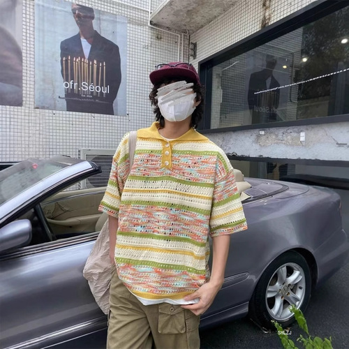 Relaxed Short Sleeve Polo Shirt for Men and Women, Striped Gradient Lattice Collar Knit Button T-Shirt