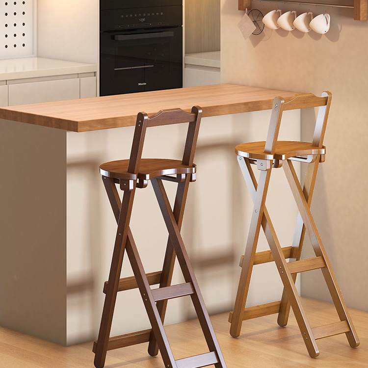Vintage Bar Stool Wabi-Sabi Style High Stool No-Installation Folding Chair Bamboo Backrest Chair Home Island Chair Light J&