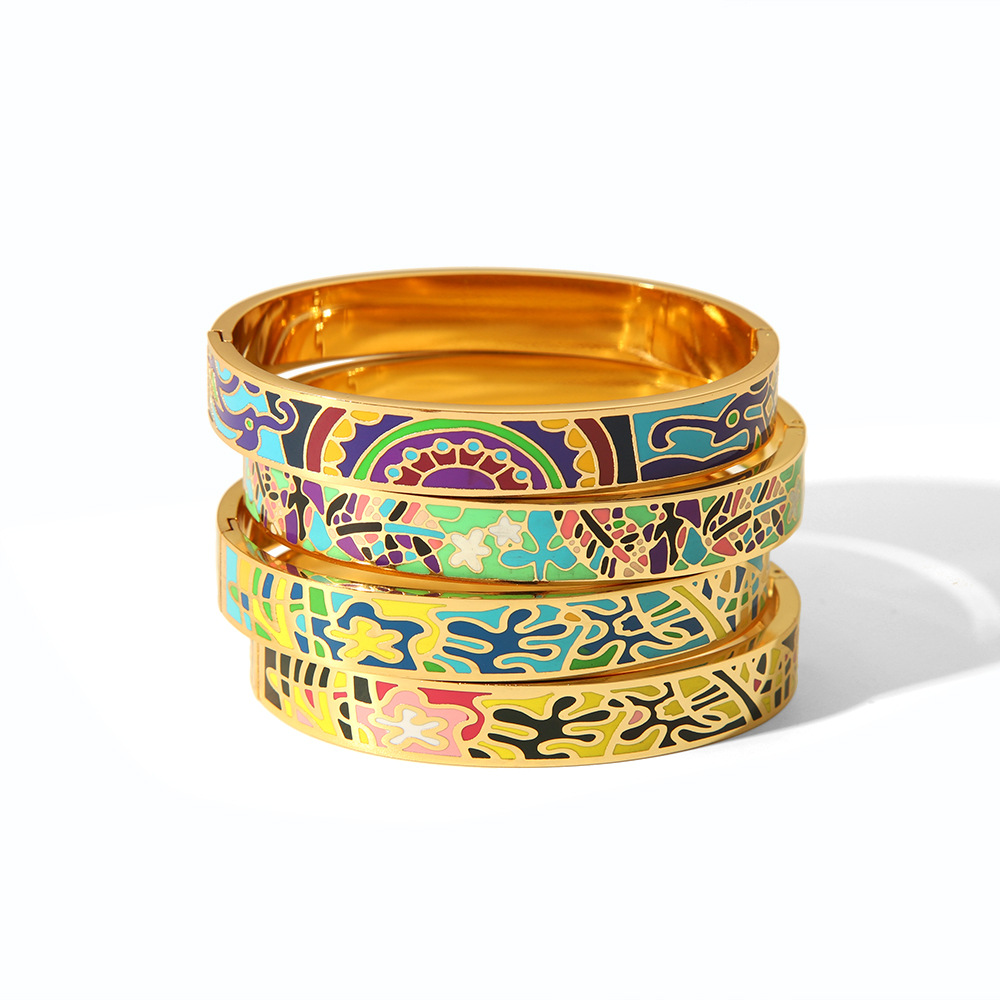 Nuevo pulsera de esmalte de textura de flores goteo de aceite de moda 18k oro de titanio pulsera de acero ins no se desvanece pulsera de sensación alta