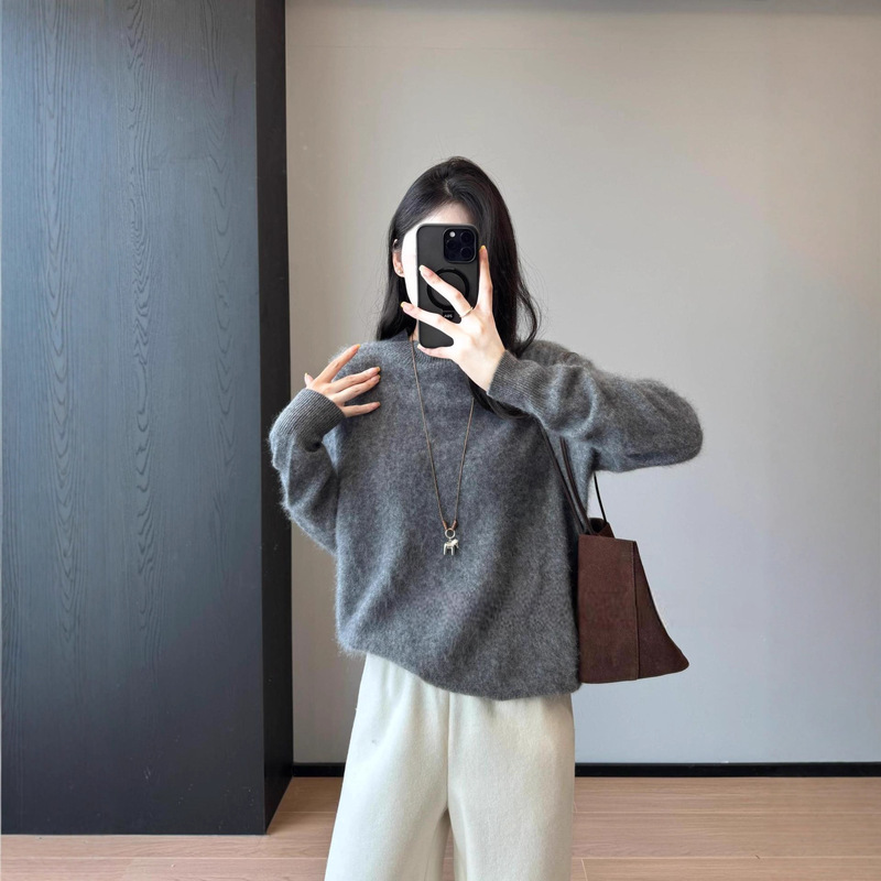 Modern Lovers~Seamless Half Turtle Collar Loose Plaid Warm Brushed Wool Cashmere Sweater Women 25 Winter New