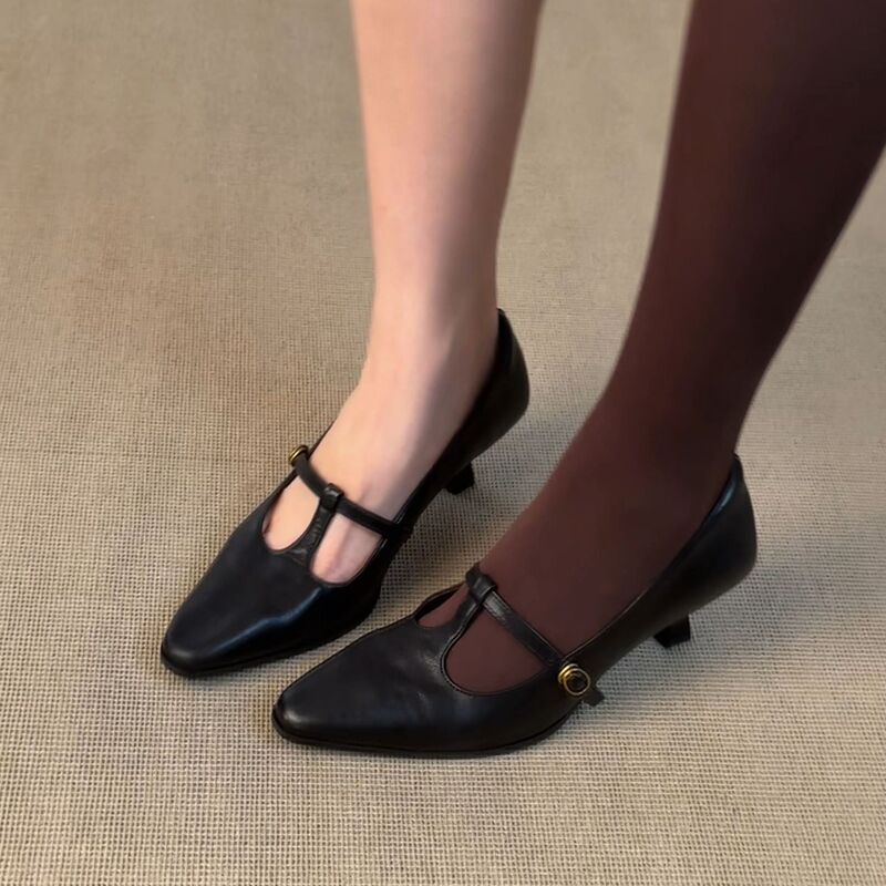 In-stock version~French-style shallow-cut stiletto Mary Jane shoes for women, genuine leather, elegant and versatile, vintage pointed-toe small high heels