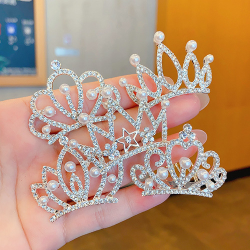 Children's Crown Headpiece Princess Pearl Water Diamond Insert Comb Baby Birthday Performance Hairpin Girls Crown Hair Accessory Hair Comb