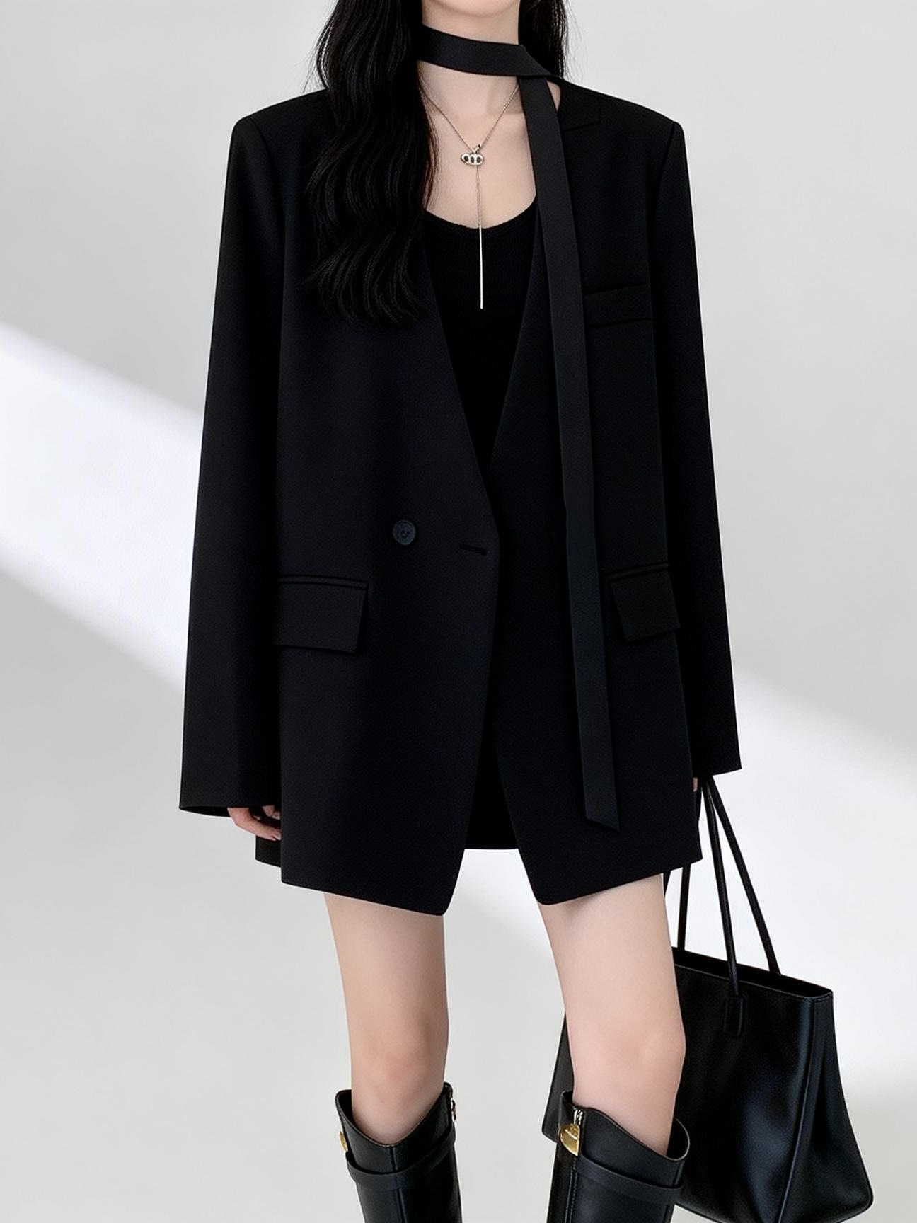 飘带无领新款休闲西装外套女春秋高级设计宽松显瘦腰带气质西服